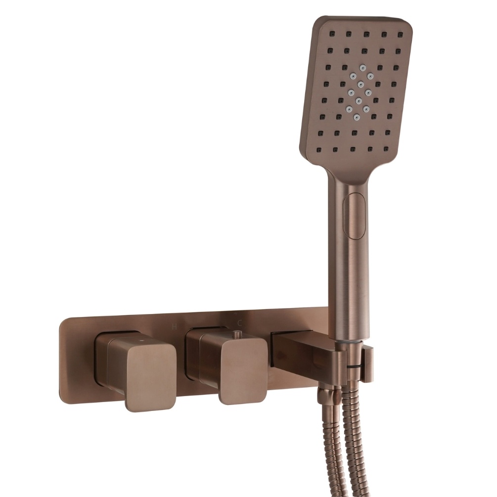 JTP Hix Brushed Bronze 2 Handle 2 Outlet Thermostatic Shower Valve & Handset Cut Out